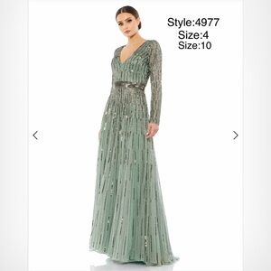 Sequined V neckline, illusion sleeve A line gown